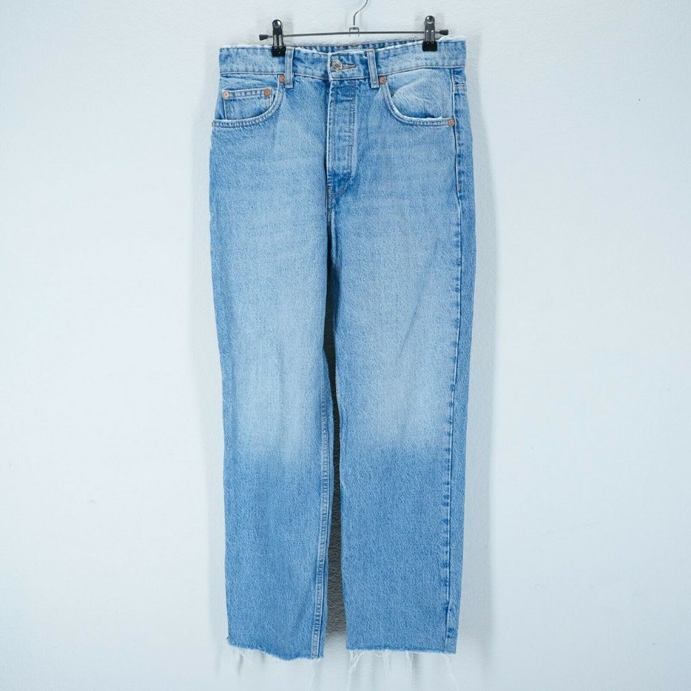 ZARA Womens Size 8 High Rise Acid Wash Straight Leg Jeans 100% Cotton Button Fly
